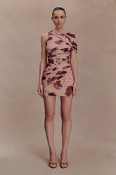Adrienne One Shoulder Mesh Mini Dress - Nude Blurred Floral Print