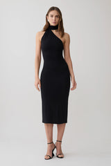 Jemma One Shoulder Tie Midi Dress - Black