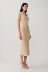 Nichelle Short Sleeve Collared Knit Midi Dress - Natural