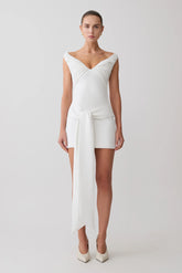 Runa Off Shoulder Mini Dress With Waist Tie - White