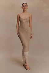 Raelynn Metallic Knit Fringe Midi Dress - Gold
