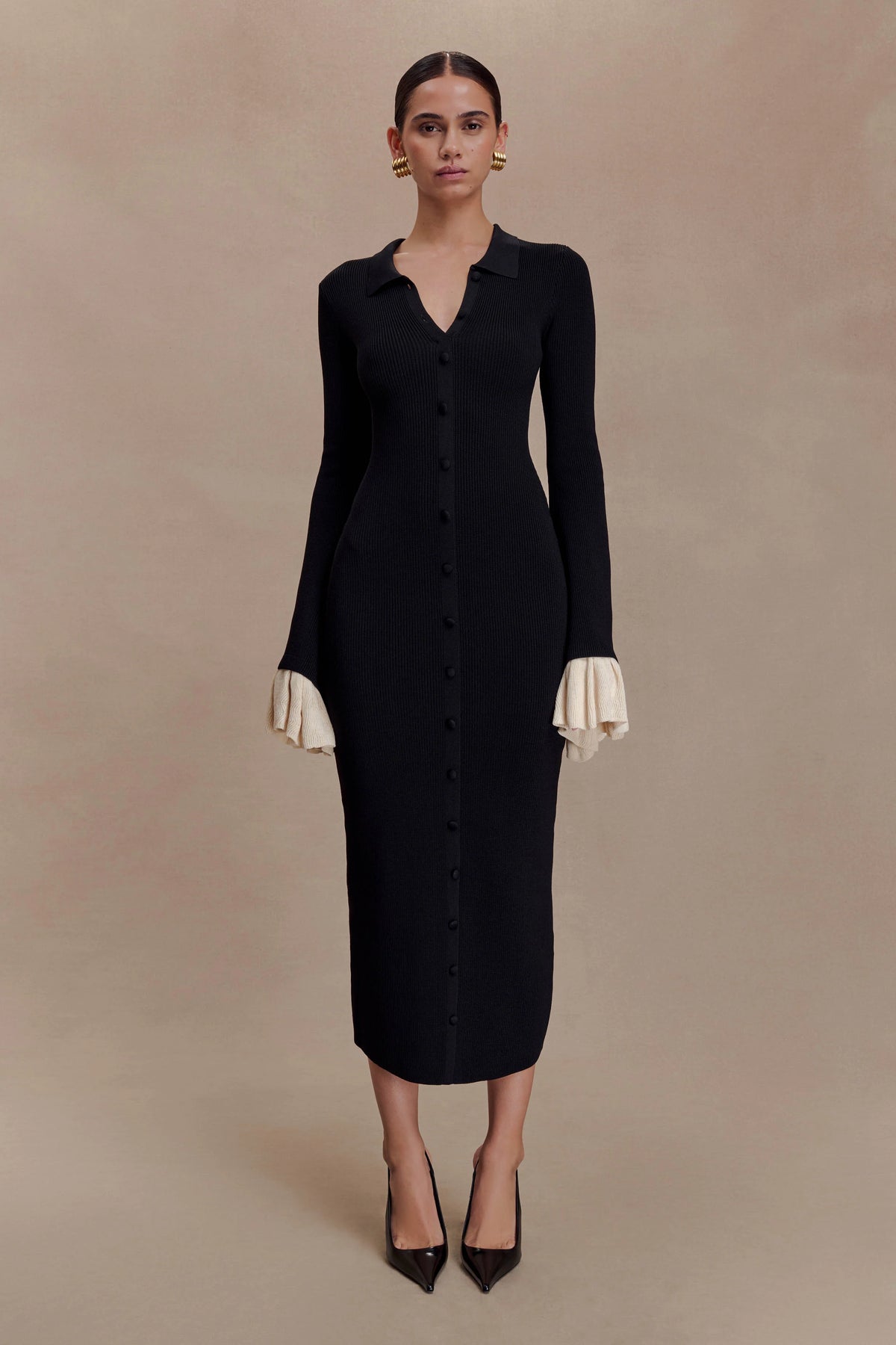 Amirose Ruffle Knit Midi Dress - Black