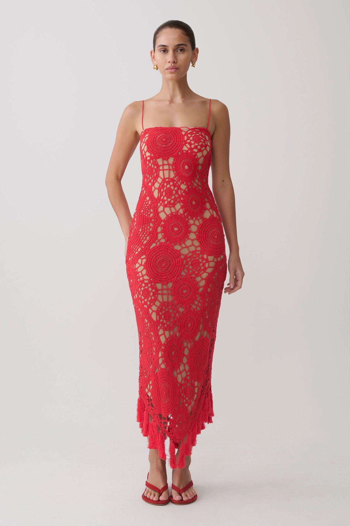 Delta Crochet Halter Midi Dress - Red
