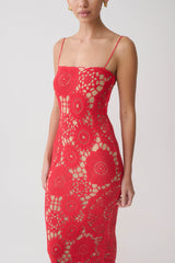 Delta Crochet Halter Midi Dress - Red