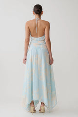 Cyra Plunge Chiffon Midi Dress - Blue Floral Print