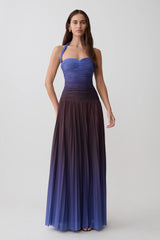 Azizi Pleated Halter Midi Dress - Chocolate & Blue Ombre Print