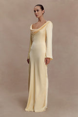 Eliza Long Sleeve Cowl Lace And Satin Maxi Dress - Lemon