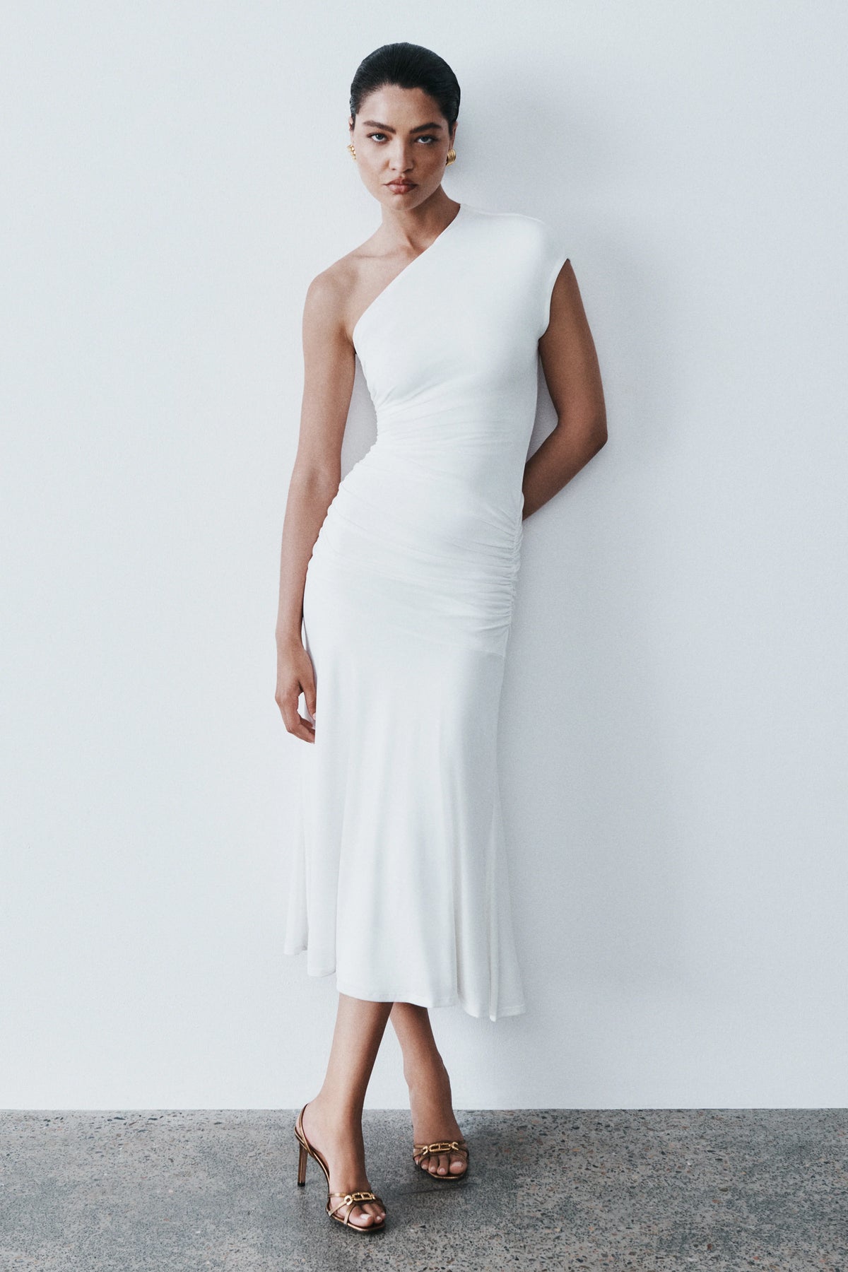 Chloe Peached Jersey One Shoulder Midi Dress - Ivory