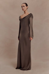 Eliza Long Sleeve Cowl Lace And Satin Maxi Dress - Mocha