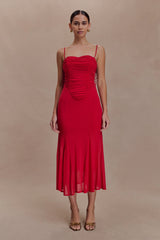 Willa Gathered Mesh Midi Dress - Ruby