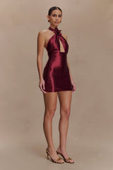 Nylah Beaded Halter Mini Dress - Burgundy