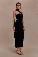 Mattea Velvet Midi Dress With Scarf - Chocolate